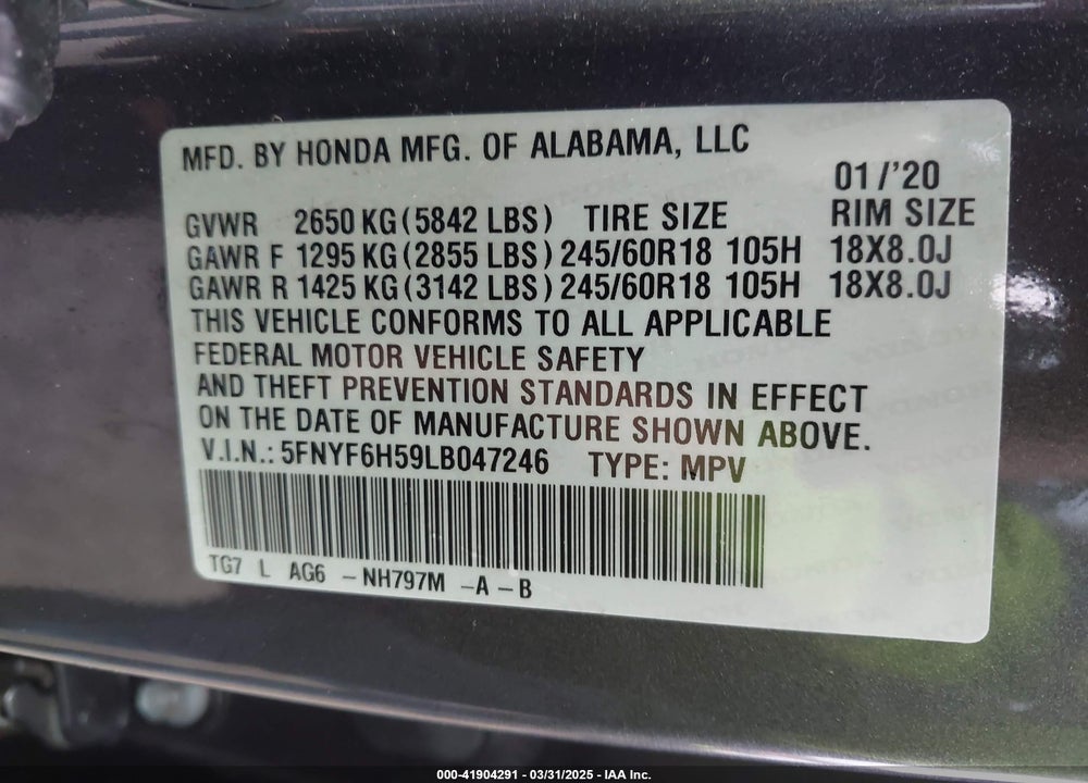 2020 HONDA PILOT VIN: 5FNYF6H59LB047246