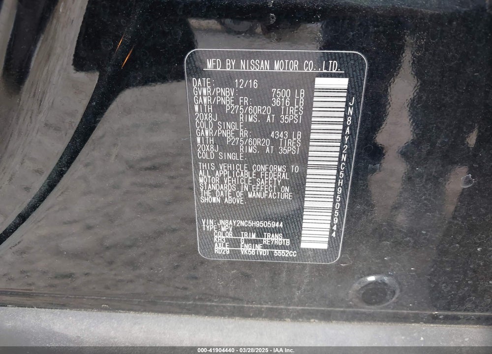 2017 NISSAN ARMADA VIN: JN8AY2NC5H9505944