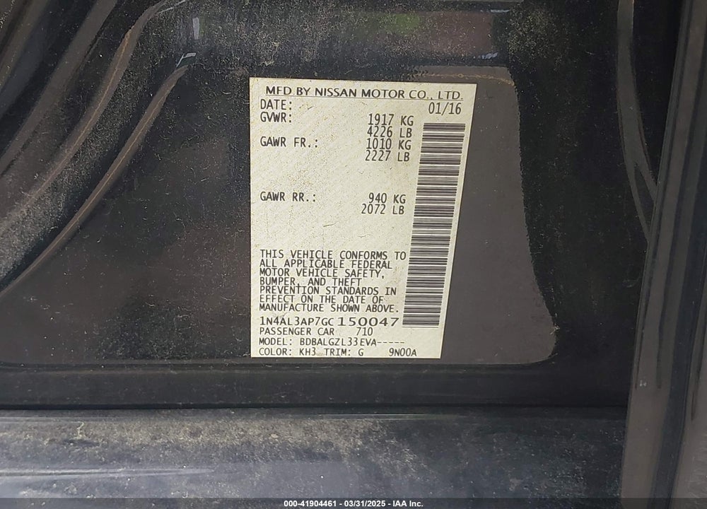 2016 NISSAN ALTIMA VIN: 1N4AL3AP7GC150047