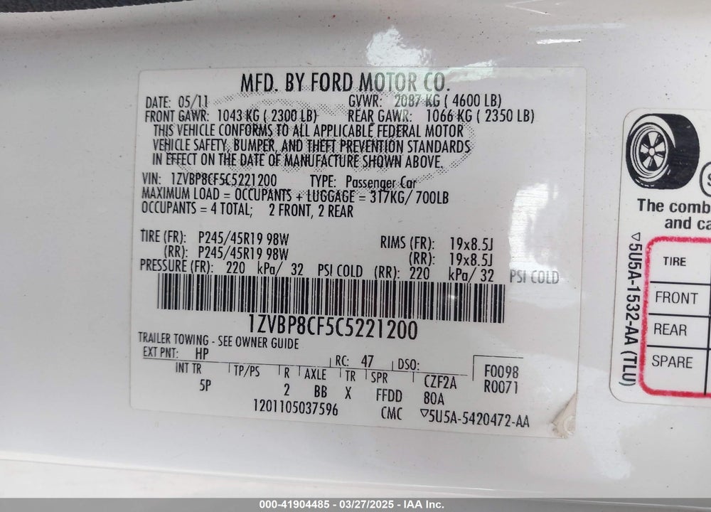 2012 FORD MUSTANG VIN: 1ZVBP8CF5C5221200