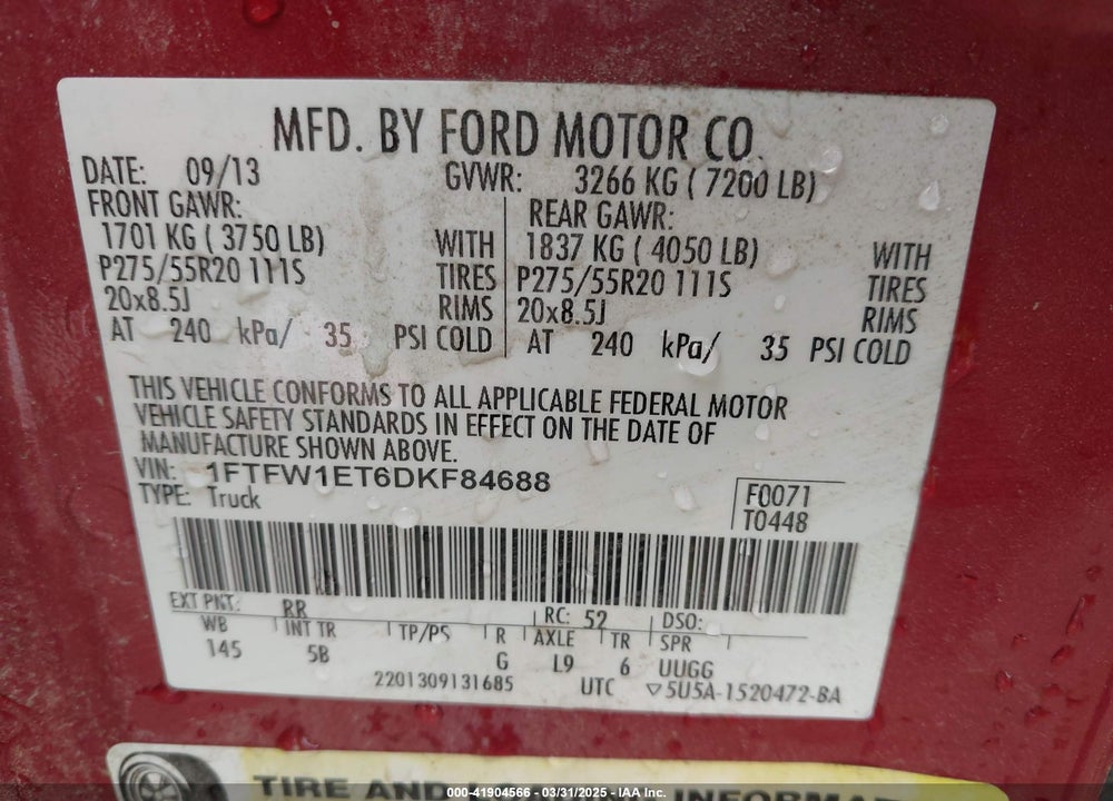 2013 FORD F-150 FX4 VIN: 1FTFW1ET6DKF84688