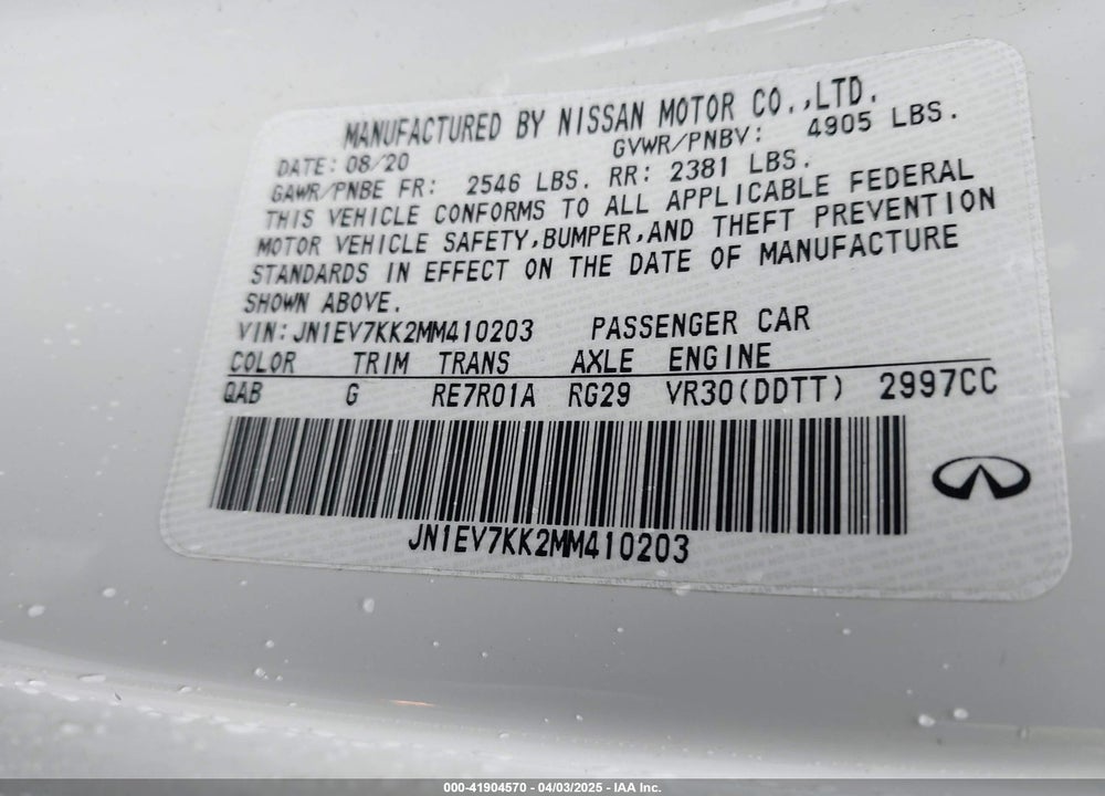 2021 INFINITI Q60 LUXE VIN: JN1EV7KK2MM410203