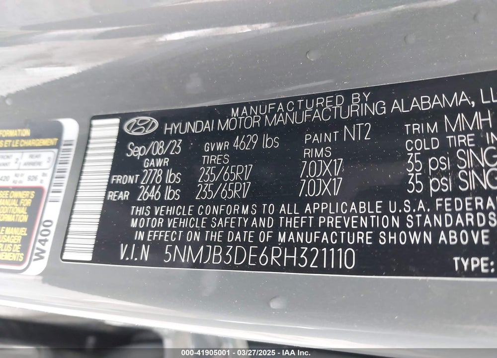2024 HYUNDAI TUCSON VIN: 5NMJB3DE6RH321110