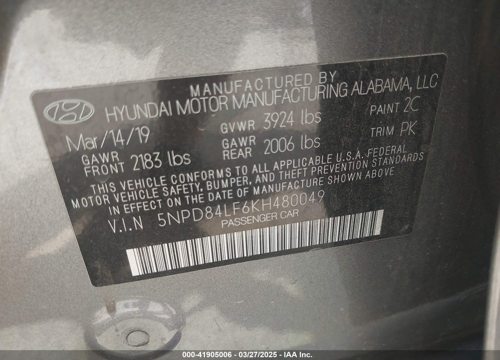 2019 HYUNDAI ELANTRA SEL VIN: 5NPD84LF6KH480049