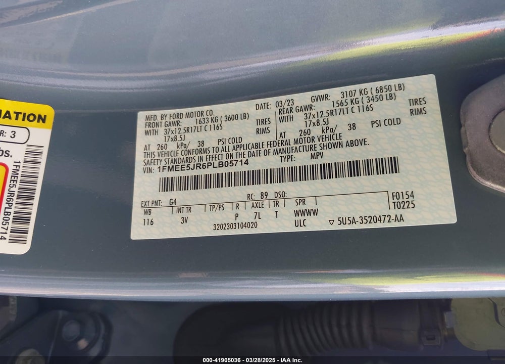 2023 FORD BRONCO RAPTOR VIN: 1FMEE5JR6PLB05714