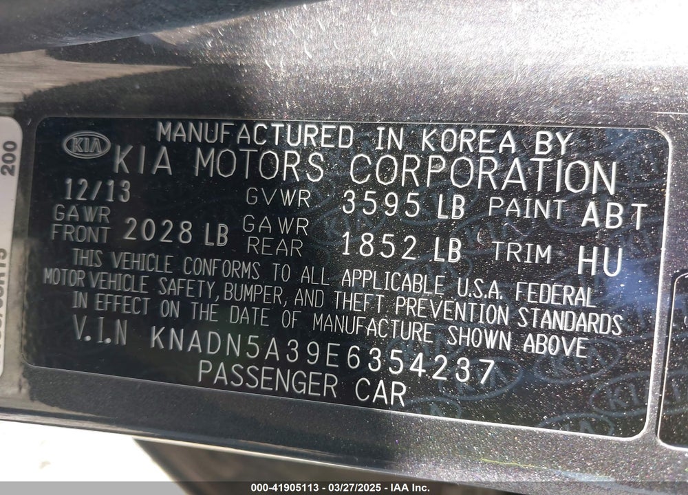 2014 KIA RIO EX VIN: KNADN5A39E6354237