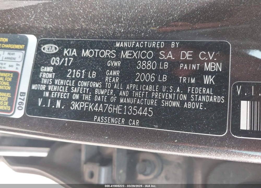 2017 KIA FORTE VIN: 3KPFK4A76HE135445
