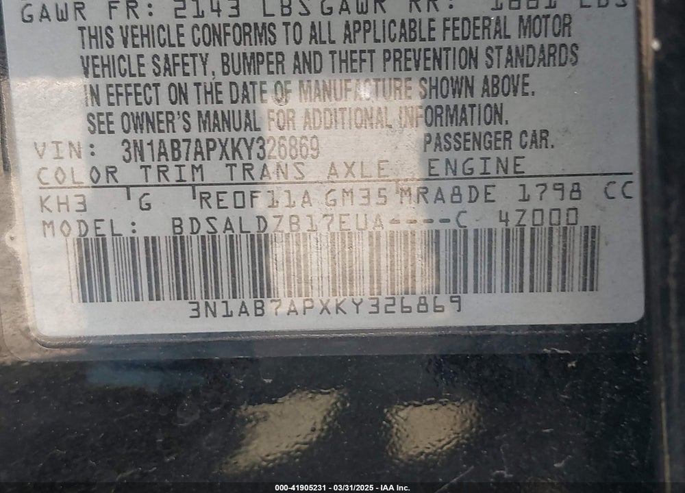 2019 NISSAN SENTRA SV VIN: 3N1AB7APXKY326869