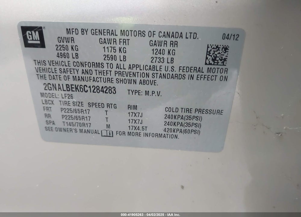 2012 CHEVROLET EQUINOX VIN: 2GNALBEK6C1284283