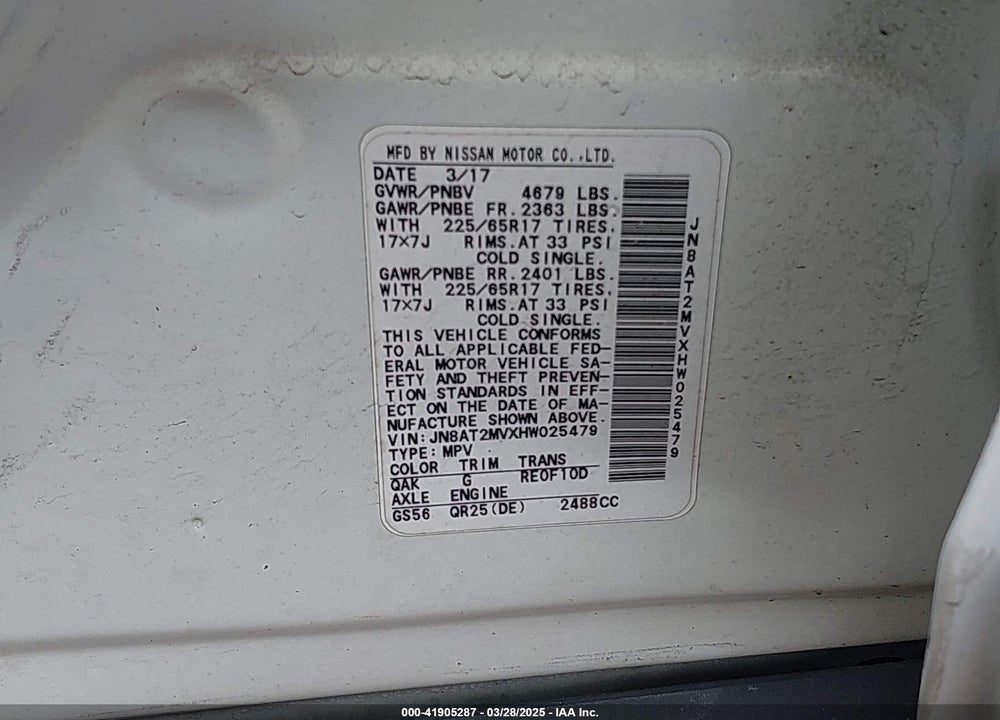 2017 NISSAN ROGUE VIN: JN8AT2MVXHW025479