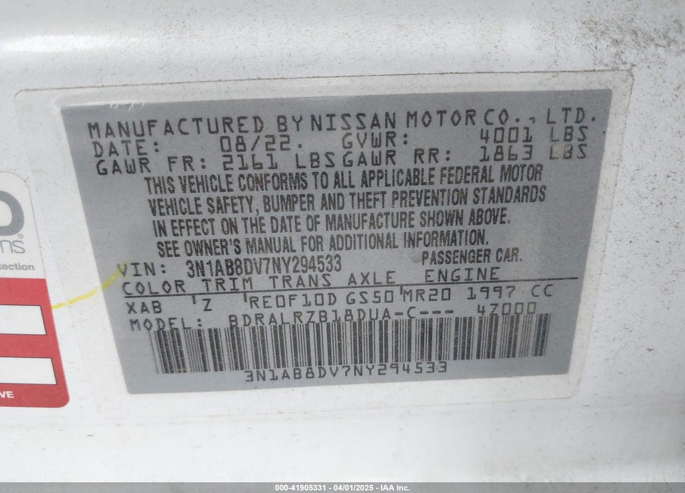 2022 NISSAN SENTRA VIN: 3N1AB8DV7NY294533