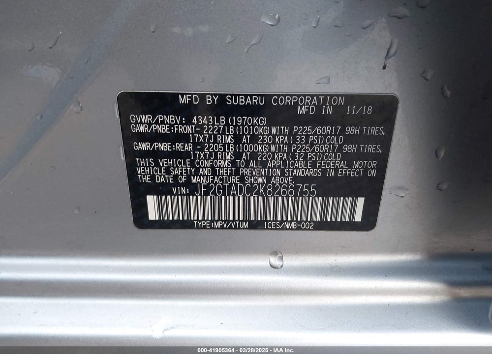 2019 SUBARU CROSSTREK 2.0I PREMIUM VIN: JF2GTADC2K8266755
