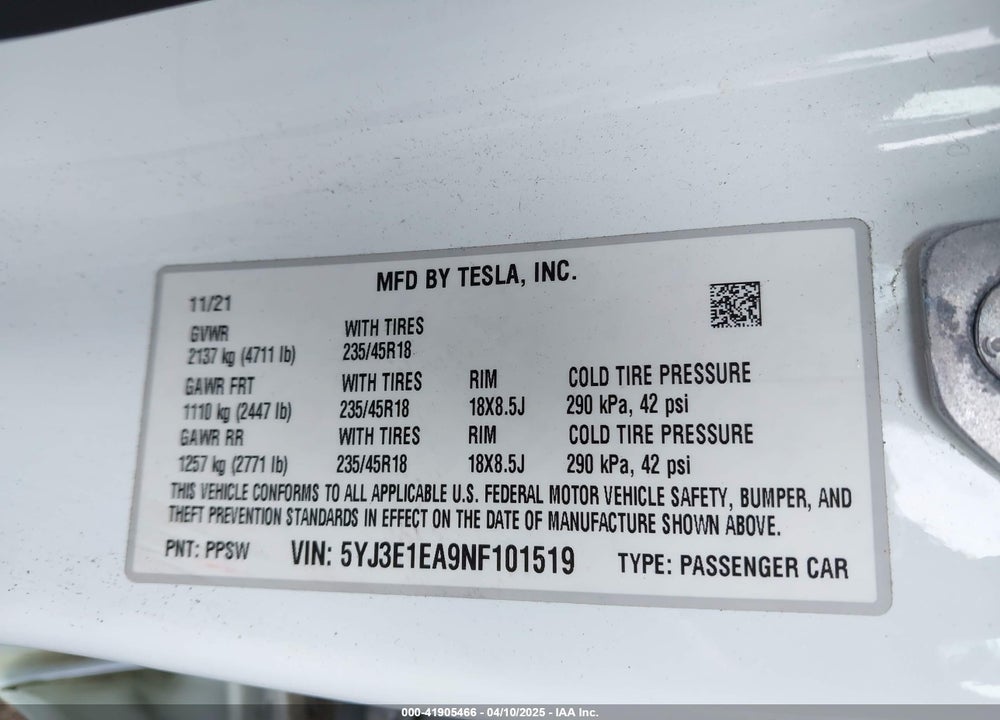 2022 TESLA MODEL 3 REAR-WHEEL DRIVE VIN: 5YJ3E1EA9NF101519