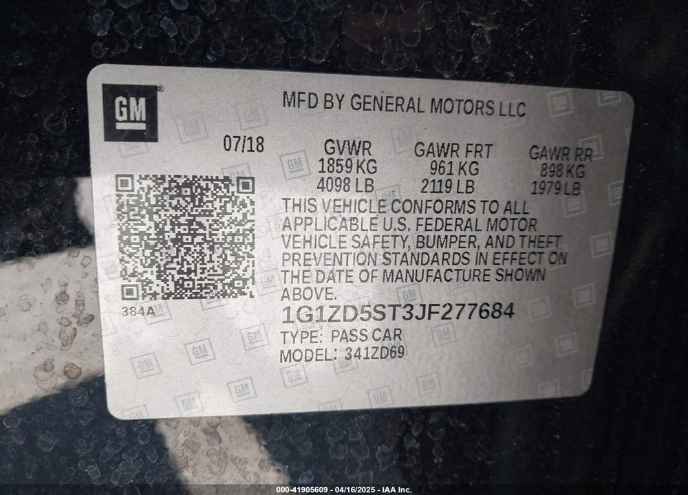 2018 CHEVROLET MALIBU VIN: 1G1ZD5ST3JF277684