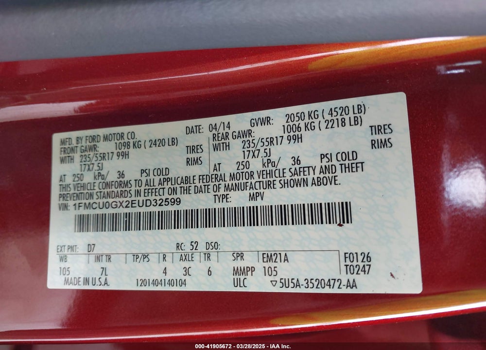 2014 FORD ESCAPE VIN: 1FMCU0GX2EUD32599