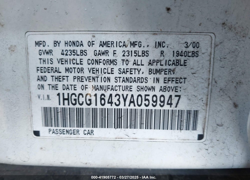 2000 HONDA ACCORD 3.0 LX VIN: 1HGCG1643YA059947