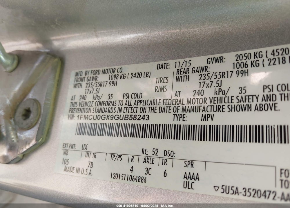2016 FORD ESCAPE SE VIN: 1FMCU0GX9GUB58243