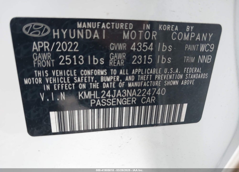 2022 HYUNDAI SONATA VIN: KMHL24JA3NA224740