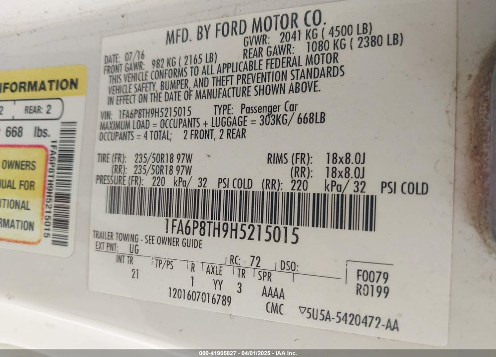 2017 FORD MUSTANG VIN: 1FA6P8TH9H5215015