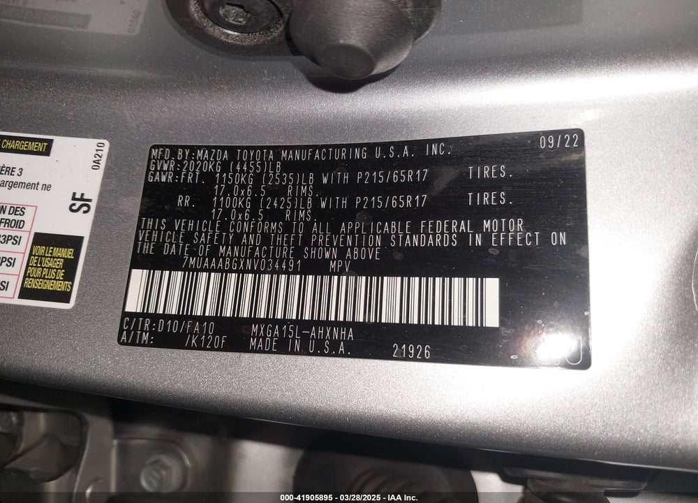 2022 TOYOTA COROLLA CROSS VIN: 7MUAAABGXNV034491