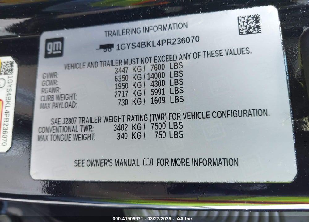 2023 CADILLAC ESCALADE VIN: 1GYS4BKL4PR236070