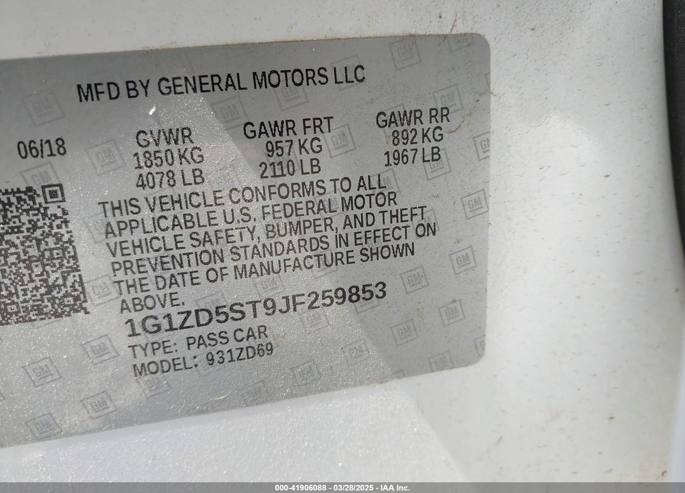 2018 CHEVROLET MALIBU VIN: 1G1ZD5ST9JF259853