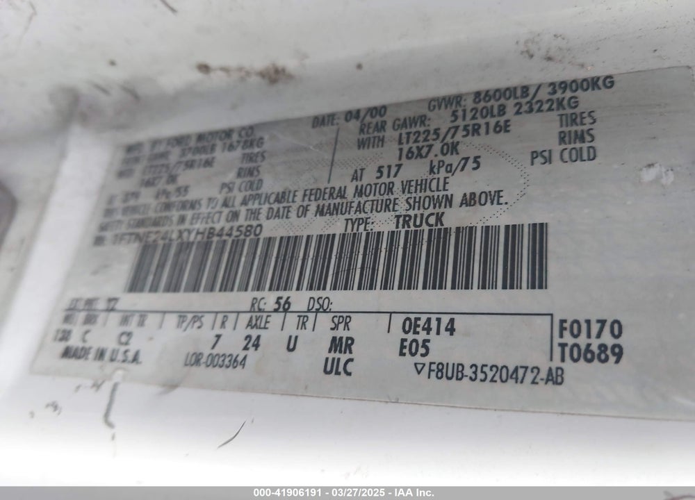 2000 FORD E-250 COMMERCIAL/RECREATIONAL VIN: 1FTNE24LXYHB44580