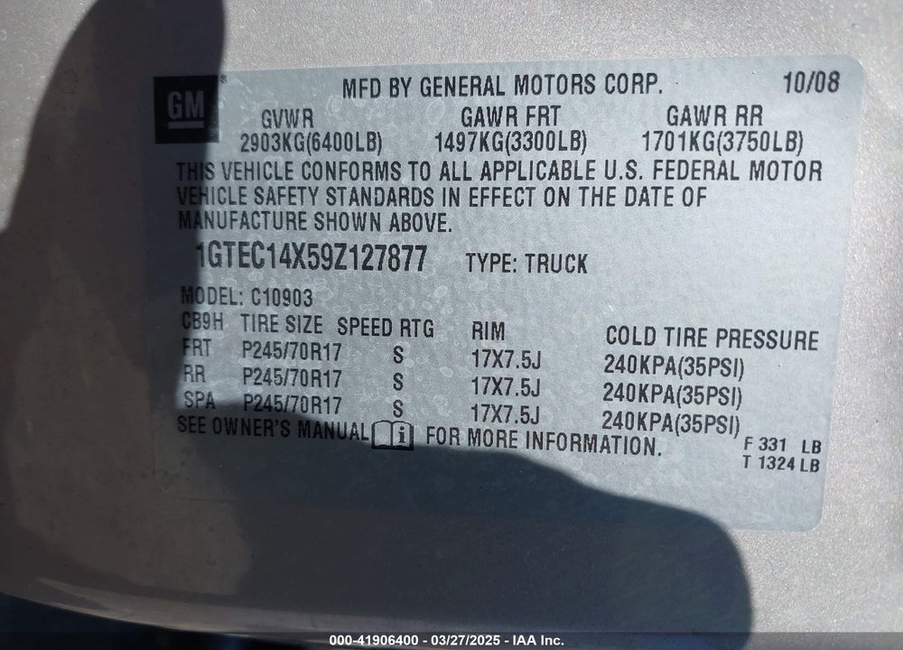 2009 GMC SIERRA 1500 VIN: 1GTEC14X59Z127877