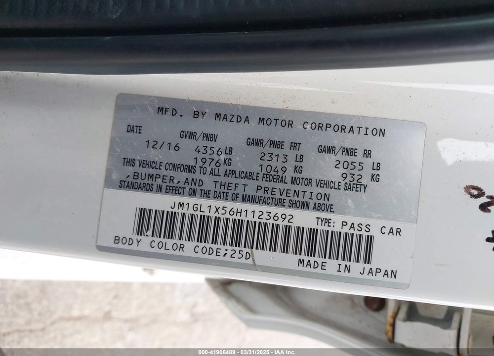 2017 MAZDA 6 GRAND TOURING VIN: JM1GL1X56H1123692