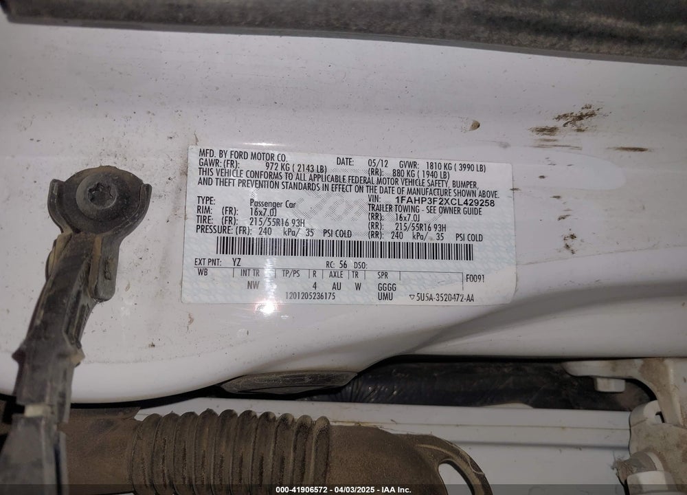 2012 FORD FOCUS VIN: 1FAHP3F2XCL429258