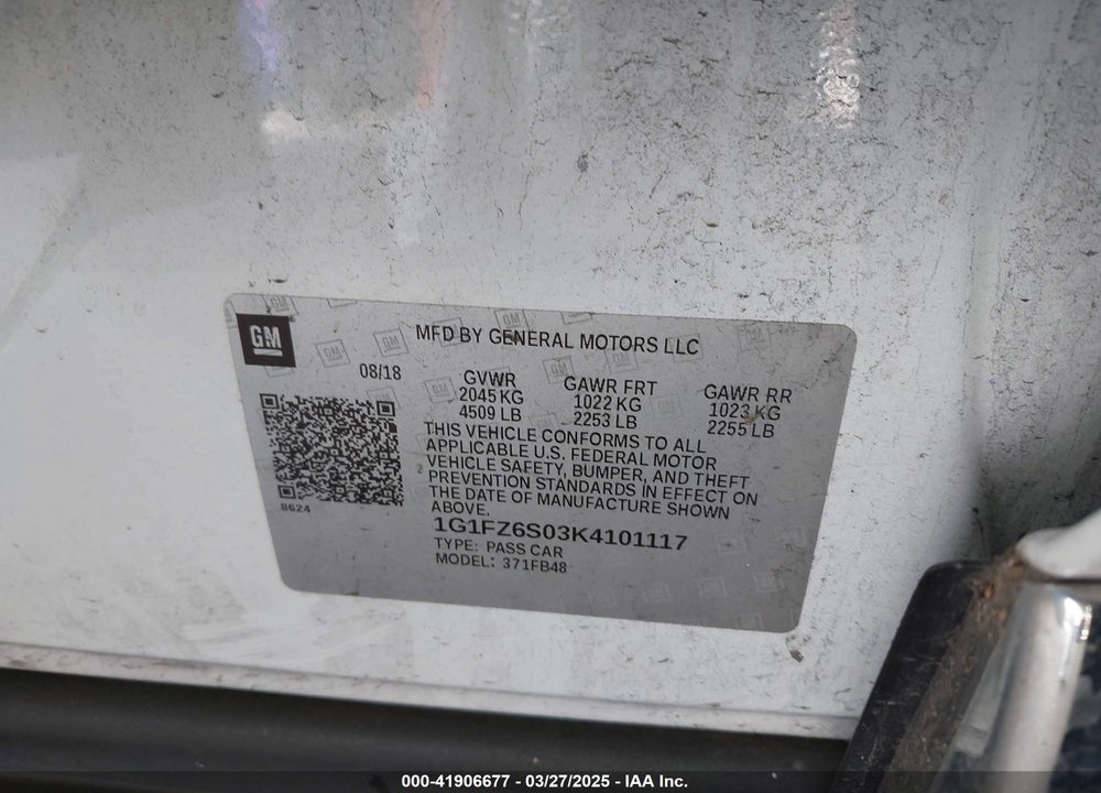 2019 CHEVROLET BOLT EV VIN: 1G1FZ6S03K4101117