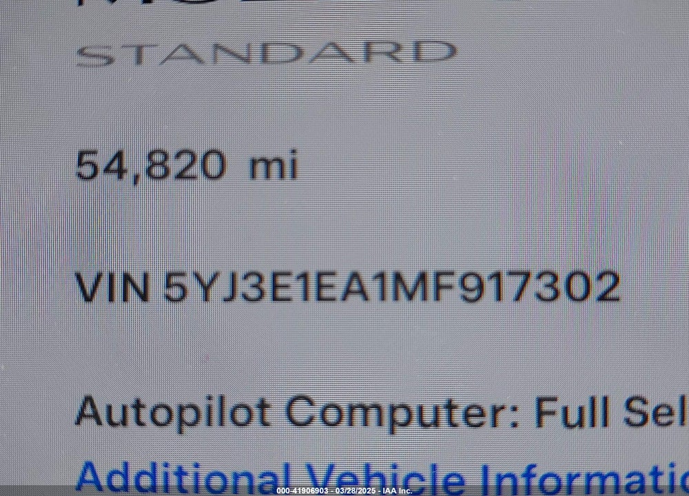 2021 TESLA MODEL 3 STANDARD RANGE PLUS REAR-WHEEL DRIVE VIN: 5YJ3E1EA1MF917302