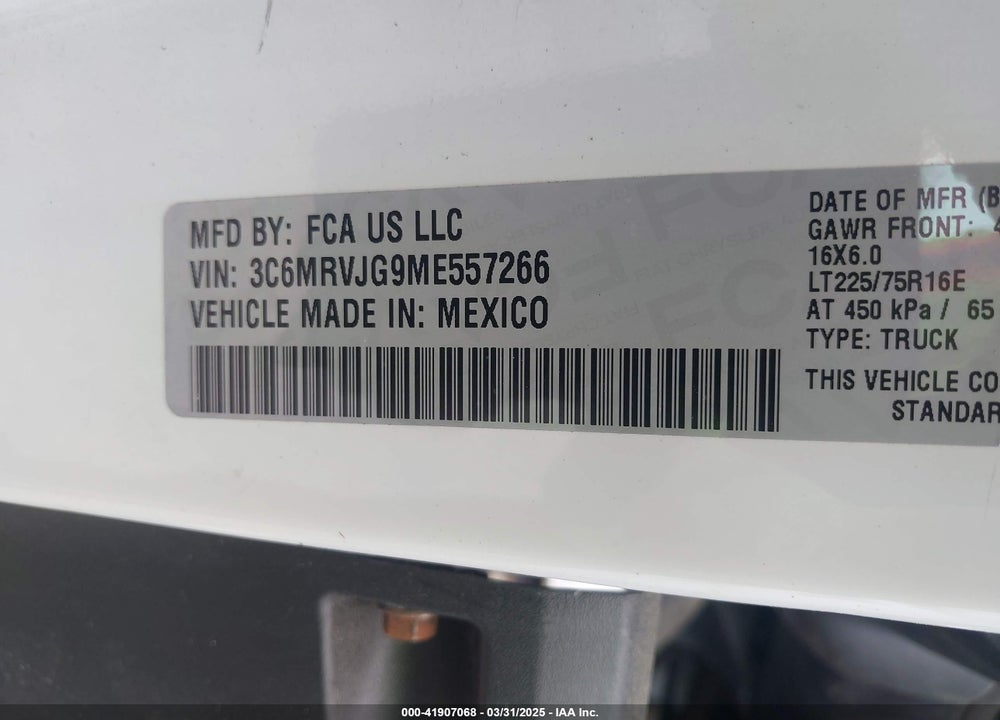 2021 RAM PROMASTER 3500 VIN: 3C6MRVJG9ME557266