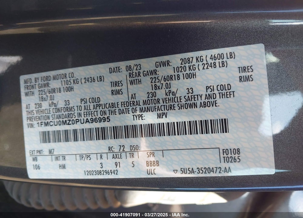 2023 FORD ESCAPE VIN: 1FMCU0MZ0PUA96995
