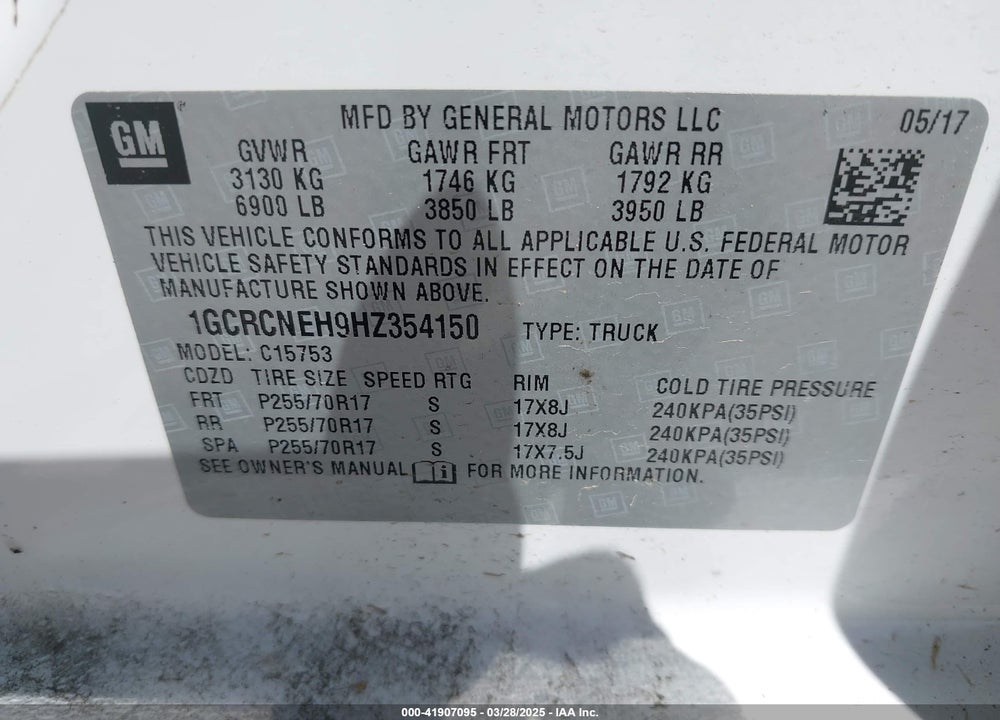 2017 CHEVROLET SILVERADO 1500 VIN: 1GCRCNEH9HZ354150