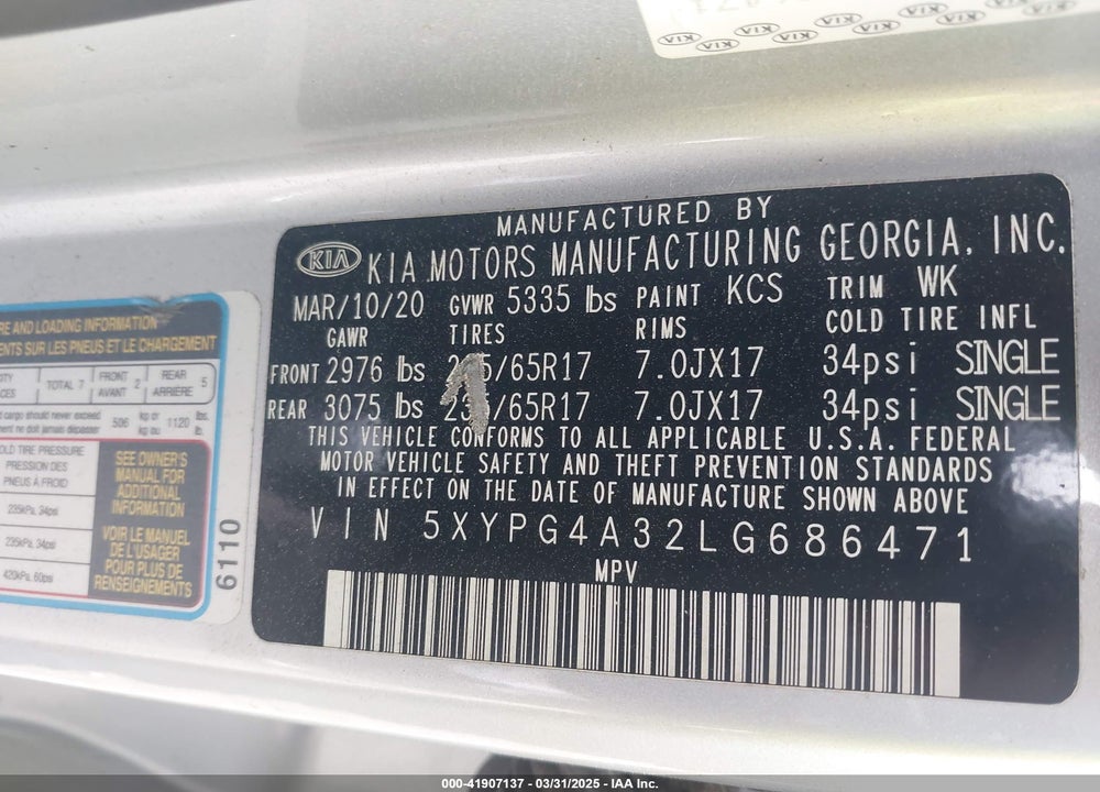 2020 KIA SORENTO VIN: 5XYPG4A32LG686471
