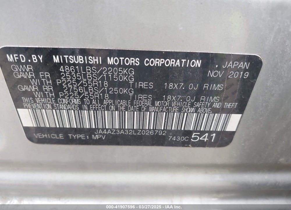 2020 MITSUBISHI OUTLANDER VIN: JA4AZ3A32LZ026792
