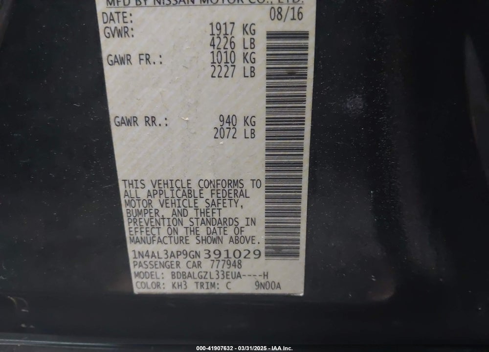 2016 NISSAN ALTIMA VIN: 1N4AL3AP9GN391029