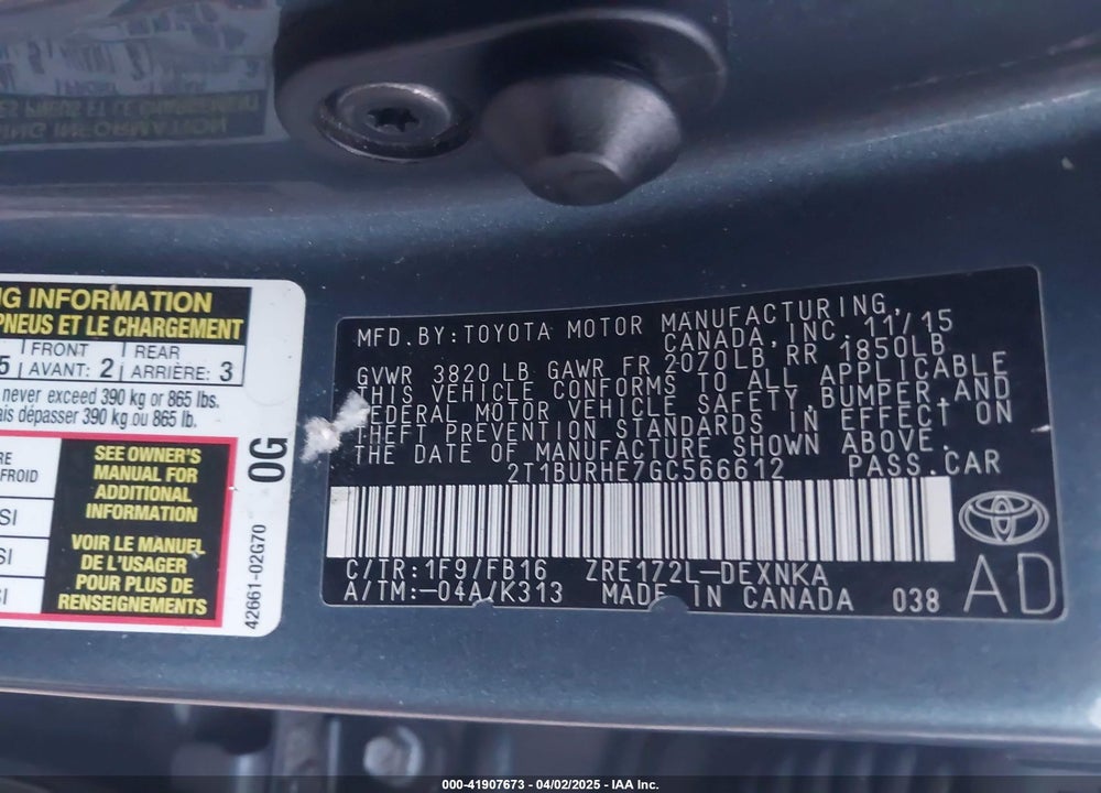 2016 TOYOTA COROLLA LE VIN: 2T1BURHE7GC566612
