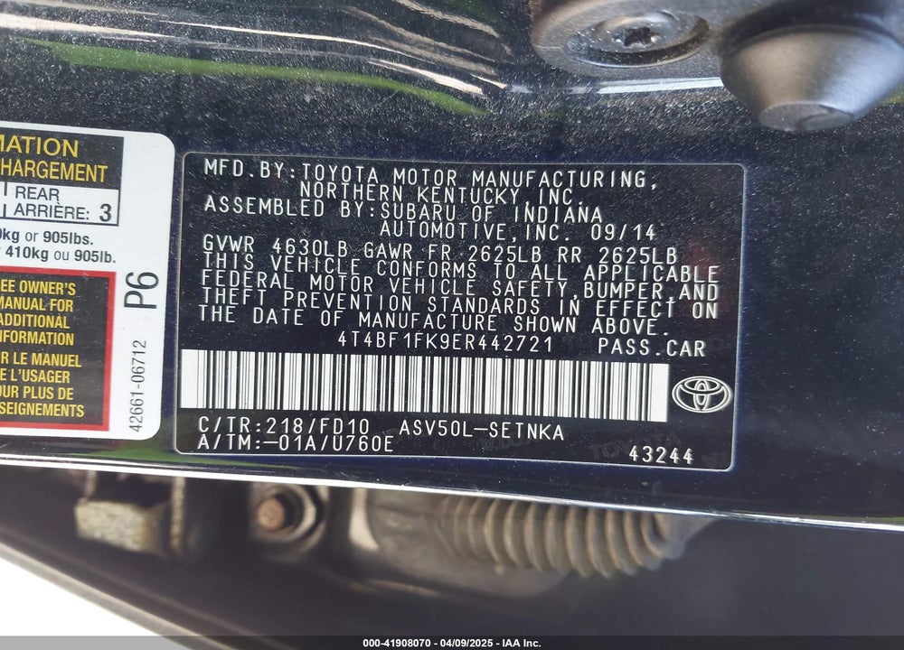 2014 TOYOTA CAMRY VIN: 4T4BF1FK9ER442721