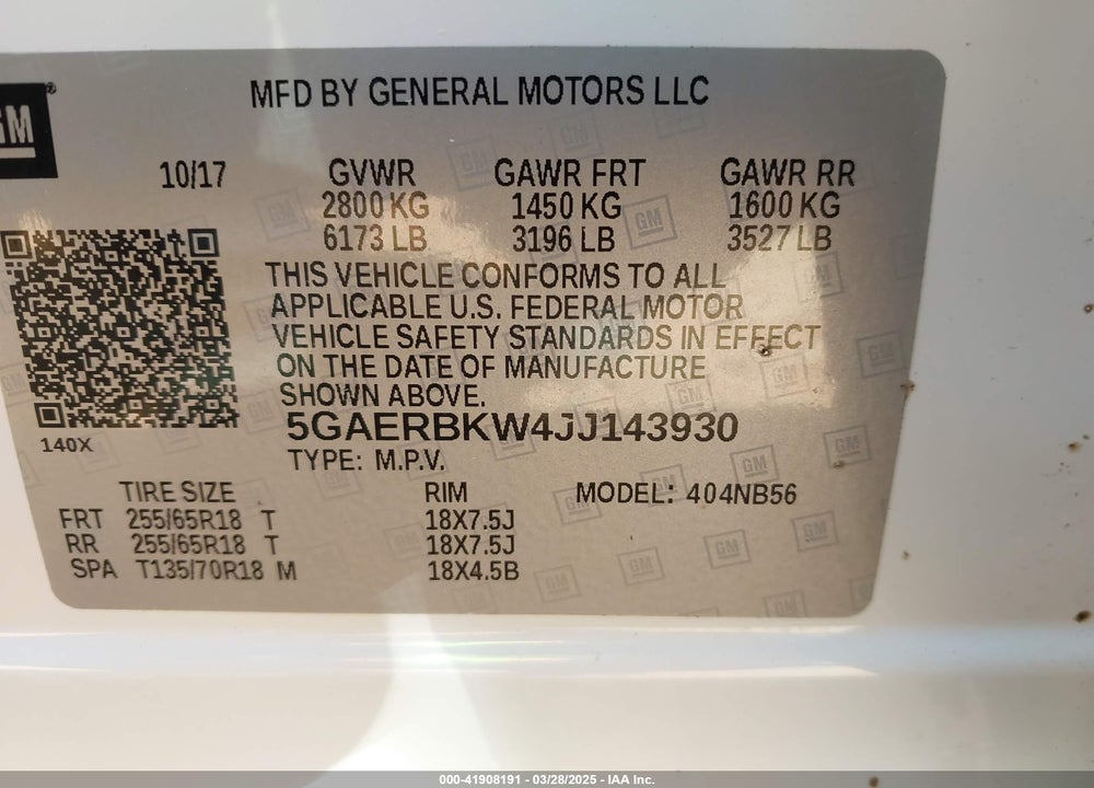2018 BUICK ENCLAVE VIN: 5GAERBKW4JJ143930
