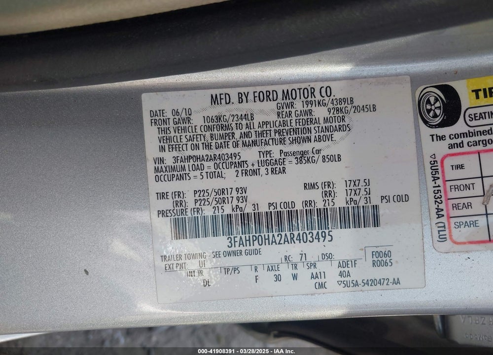 2010 FORD FUSION SE VIN: 3FAHP0HA2AR403495
