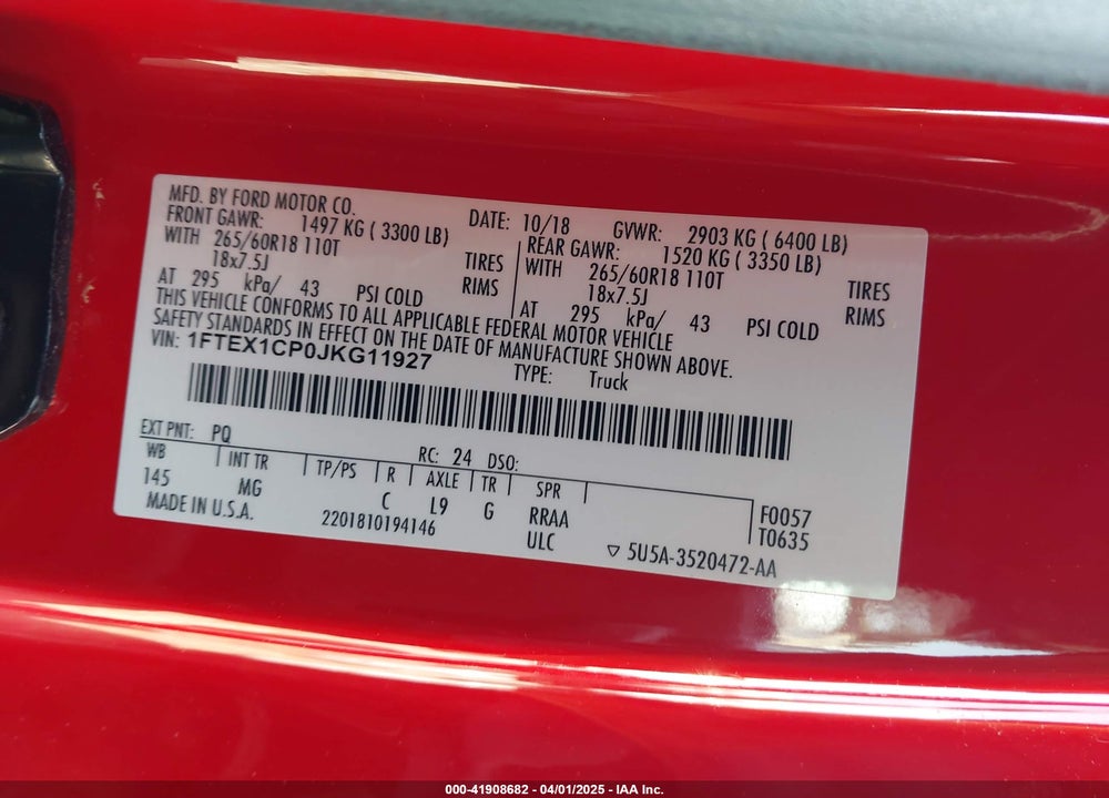 2018 FORD F150 VIN: 1FTEX1CP0JKG11927