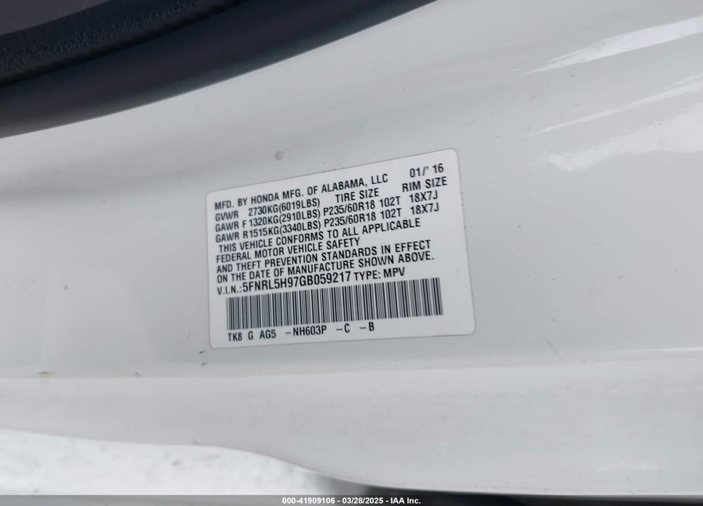 2016 HONDA ODYSSEY TOURING/TOURING ELITE VIN: 5FNRL5H97GB059217