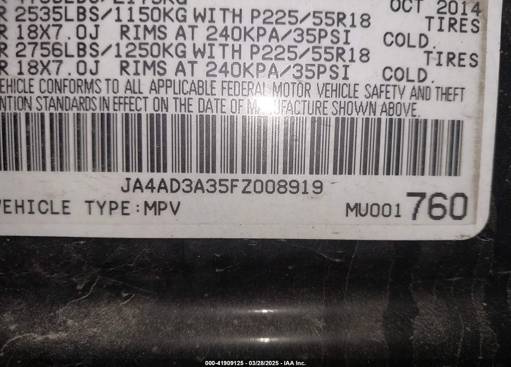 2015 MITSUBISHI OUTLANDER SE VIN: JA4AD3A35FZ008919