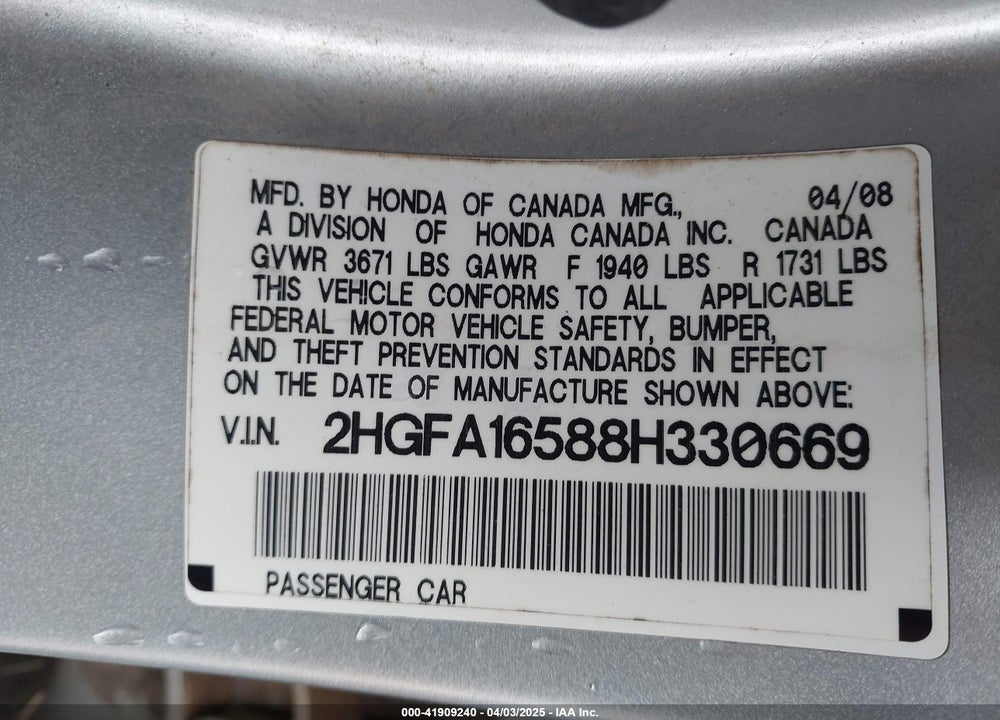2008 HONDA CIVIC VIN: 2HGFA16588H330669