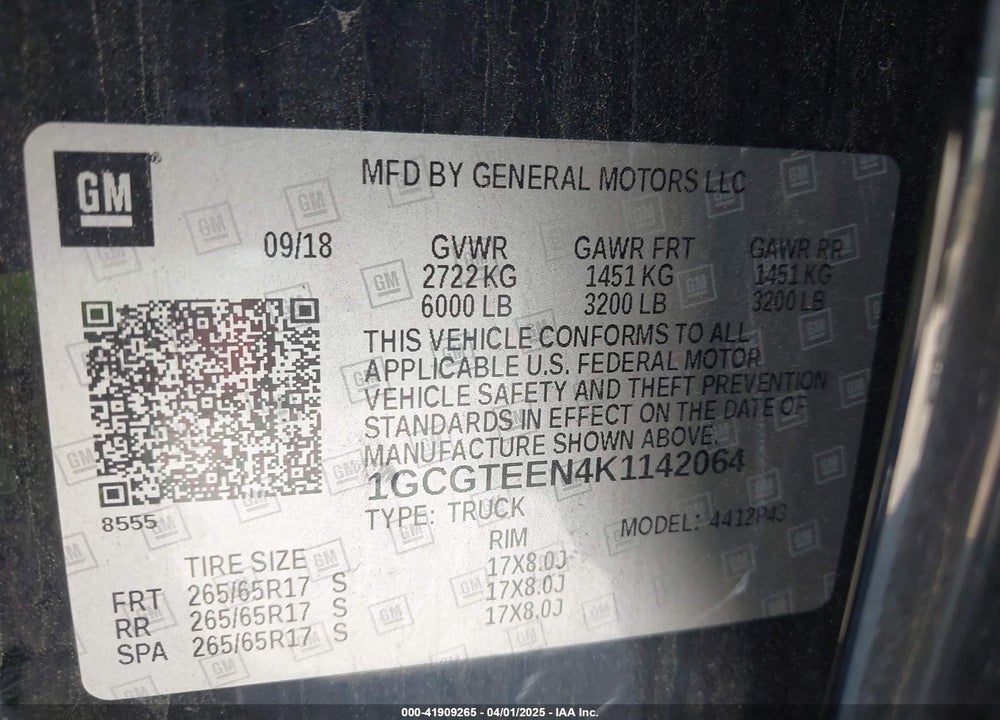 2019 CHEVROLET COLORADO VIN: 1GCGTEEN4K1142064