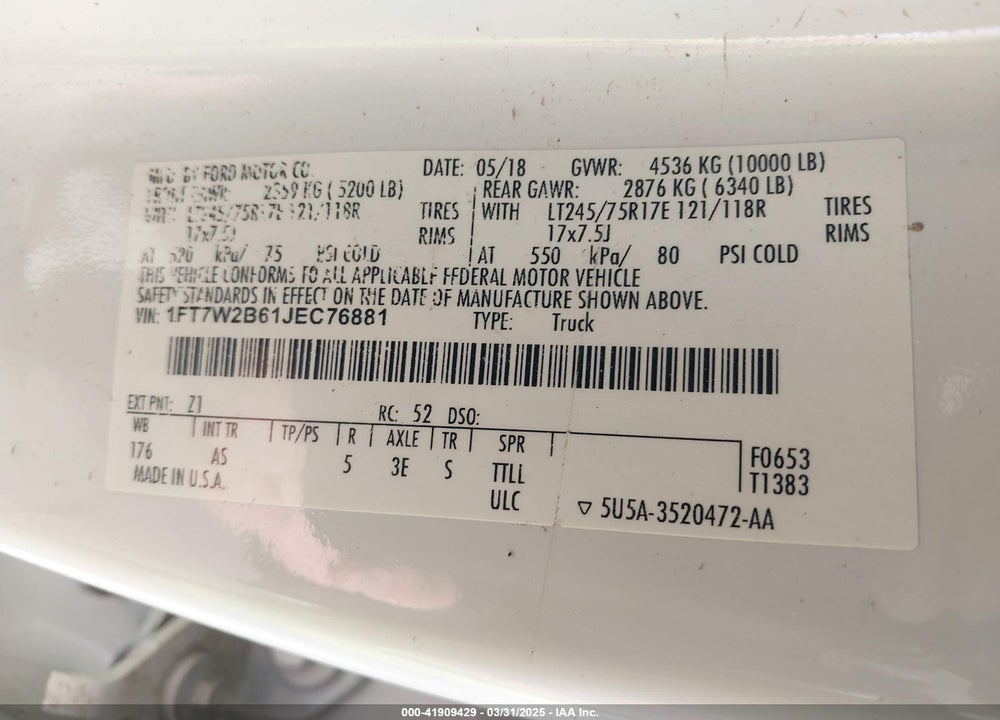 2018 FORD F-250 VIN: 1FT7W2B61JEC76881