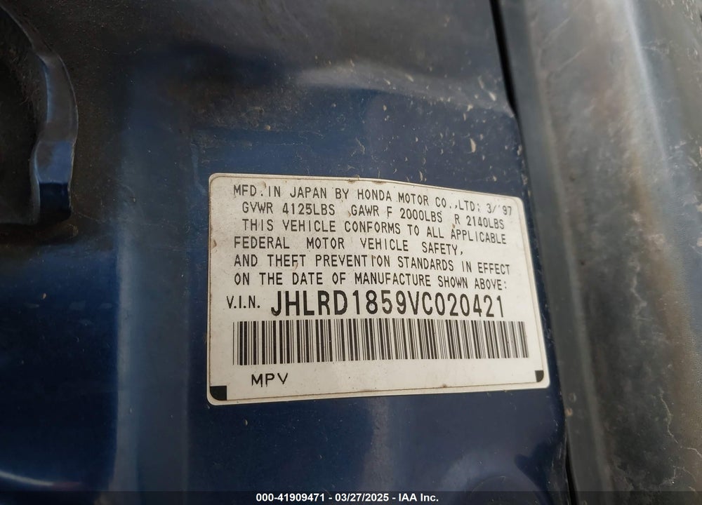 1997 HONDA CR-V VIN: JHLRD1859VC020421