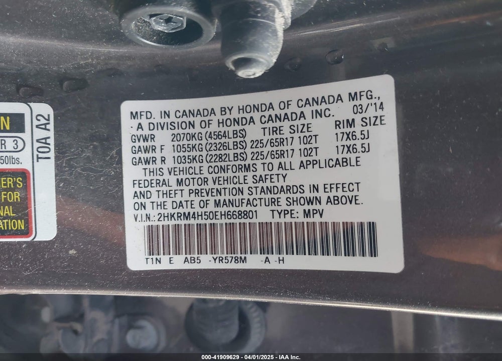 2014 HONDA CR-V EX VIN: 2HKRM4H50EH668801